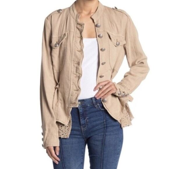Md Free People Emilia Military Jacket Khaki Linen Blend Lace Ruffle Boho Utility - Picture 1 of 9